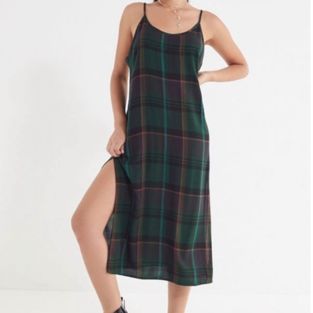 uo rugby plaid slip midi dress